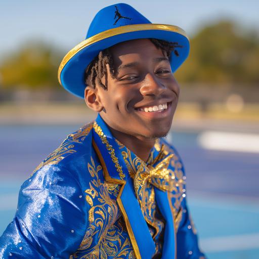 An african american exotic model smiling happy in his teens dressed for the prom in blue and gold with Jordan shoes and hat and a basketball court background taken with a 4k lens Nikon camera with limo --v 6.0