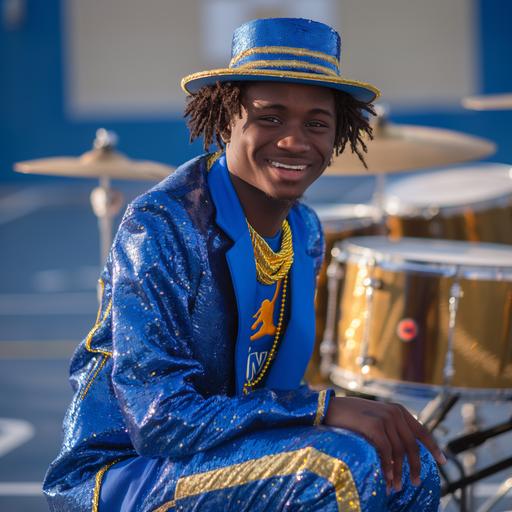 An african american exotic model smiling happy in his teens dressed for the prom in blue and gold with Jordan shoes and hat and a basketball court background taken with a 4k lens Nikon camera with marching band drums --v 6.0