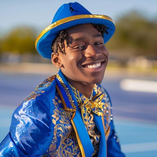 An african american exotic model smiling happy in his teens dressed for the prom in blue and gold with Jordan shoes and hat and a basketball court background taken with a 4k lens Nikon camera with limo