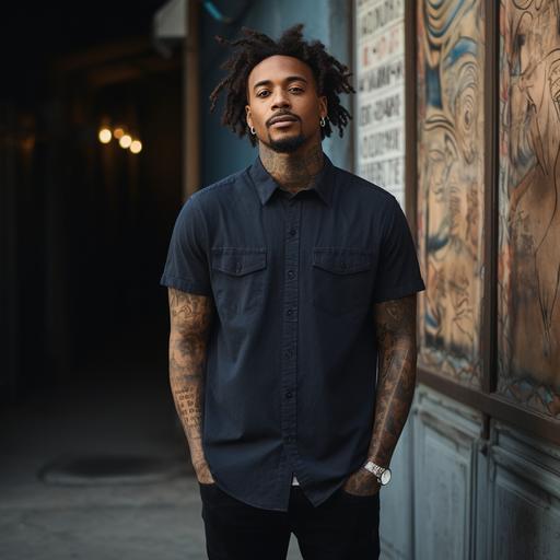 An afro american male, wearing a short-sleeved half-sleeve shirt, dark blue shirt, tucked in, wearing jeans, with tatoo taking a full-body picture