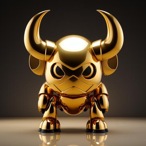 An all-metal toy golden bull with two huge horns on its head and a smooth body surface, in the style of Disney Mickey, with minimalist lines and cuteness --s 200