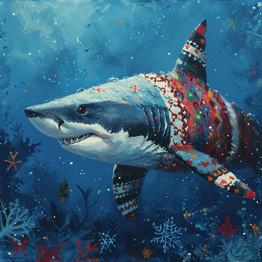 An amusing and whimsical scene where a shark is swimming through the deep blue ocean, surprisingly adorned with a bright, colorful ugly sweater. The sweater is festooned with classic holiday patterns, such as reindeer, snowflakes, and Christmas trees, creating a stark contrast with the shark's fearsome reputation. The shark's fins poke comically through the sleeves of the sweater, and its sharp teeth are slightly visible, adding to the quirky and unexpected nature of the image. This playful juxtaposition of a marine predator wearing a symbol of cozy, human holiday tradition invites both humor and a touch of absurdity to the scene --v 6.0 --s 250