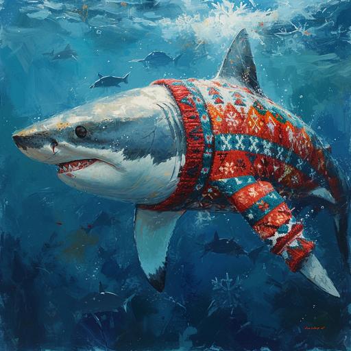 An amusing and whimsical scene where a shark is swimming through the deep blue ocean, surprisingly adorned with a bright, colorful ugly sweater. The sweater is festooned with classic holiday patterns, such as reindeer, snowflakes, and Christmas trees, creating a stark contrast with the shark's fearsome reputation. The shark's fins poke comically through the sleeves of the sweater, and its sharp teeth are slightly visible, adding to the quirky and unexpected nature of the image. This playful juxtaposition of a marine predator wearing a symbol of cozy, human holiday tradition invites both humor and a touch of absurdity to the scene --v 6.0 --s 250