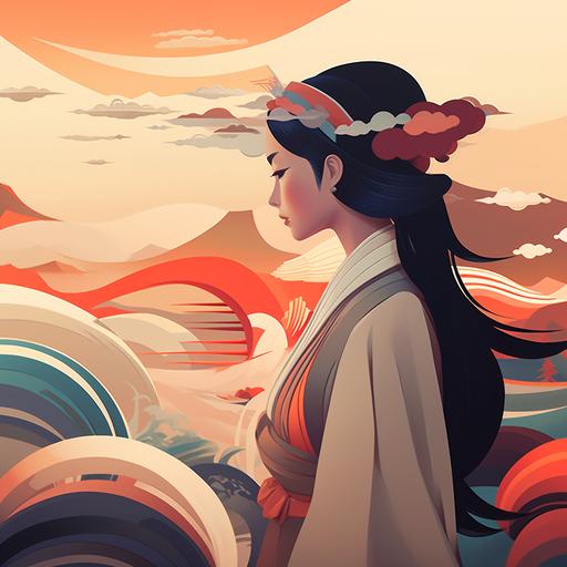 An ancient Chinese woman, half body, Hanfu, side body, Chinese landscape, abstract painting, Zen, ancient architecture, thread hat, Amy Solstyle, using light to abstract cover art, contemporary Chinese art. Color gradient, soft palette save form, fantastic animation, styleEther abstraction, anime illustration - ar 3:4
