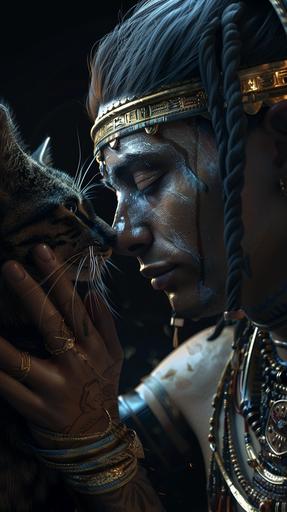 An ancient Egyptian mourns the loss of their beloved cat, solemnly shaving off their eyebrows as a symbolic gesture of grief. hyper-realistic illustration, 4k ultra hd, cinematic, photo realism, cinematography. --ar 9:16