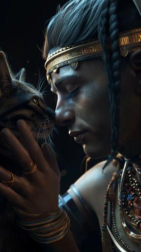 An ancient Egyptian mourns the loss of their beloved cat, solemnly shaving off their eyebrows as a symbolic gesture of grief. hyper-realistic illustration, 4k ultra hd, cinematic, photo realism, cinematography. --ar 9:16 --v 6.0