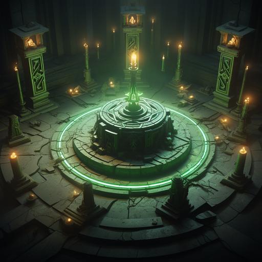 An ancient Viking altar glowing green, with pillars decorated with green torches standing on a circular floor, a tombstone can be seen in the back and huge runes are written on the floor, Hades style, isometric view, quarter view