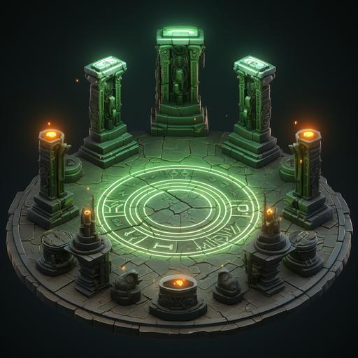 An ancient Viking altar glowing green, with pillars decorated with green torches standing on a circular floor, a tombstone can be seen in the back and huge runes are written on the floor, Hades style, isometric view, quarter view