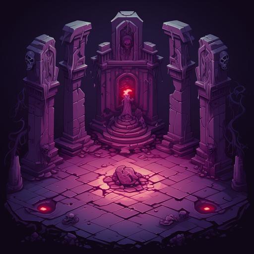 An ancient demonic dungeon with a purple glow, a pillar decorated with red torches on a circular floor, a tombstone visible in the back, and huge runes written on the floor, 2d animation style, cartoon style, Hades style, isometric view, quarter view, cult of the lamb style