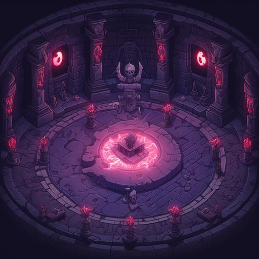 An ancient demonic dungeon with a purple glow, a pillar decorated with red torches on a circular floor, a tombstone visible in the back, and huge runes written on the floor, 2d animation style, cartoon style, Hades style, isometric view, quarter view, cult of the lamb style