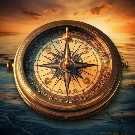 An ancient world map combining elegance and erudition, this image offers a view of a sunset over the ocean perfect to enrich any design. In an antique compass