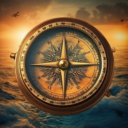 An ancient world map combining elegance and erudition, this image offers a view of a sunset over the ocean perfect to enrich any design. In an antique compass
