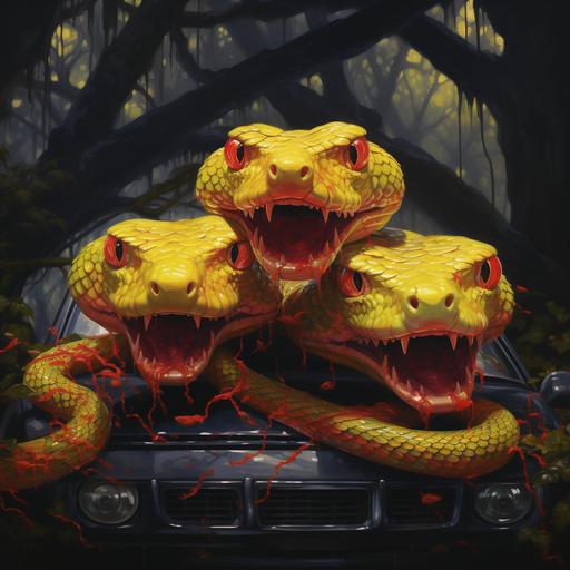 An anger three-headed yellow snake , and crimson scales in a rain soaked forest and grey car.
