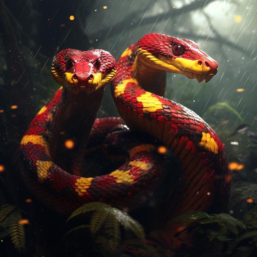 An anger three-headed yellow snake , and crimson scales in a rain soaked forest.