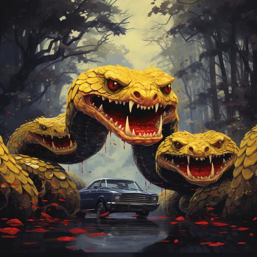 An anger three-headed yellow snake , and crimson scales in a rained soaked forest and gray car.
