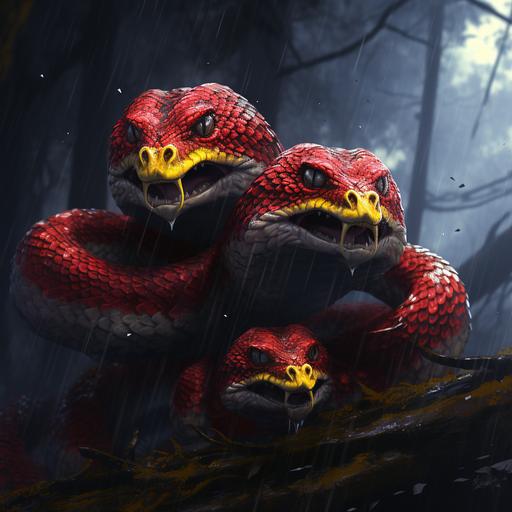 An anger three-headed yellow snake , and crimson scales in a rain soaked forest.