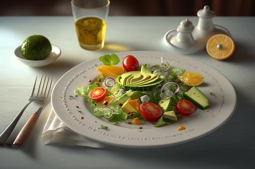 An angle looking straight from a 90-degree top,A lot of fresh salad on a white plate, Salad contains avocado, paprika, cucumber and others, light blue tablecloth, bright atmosphere, bright kitchen background, Ultra realistic, photographed with a DSLR ,--v 5 --q 2 --ar 3:2