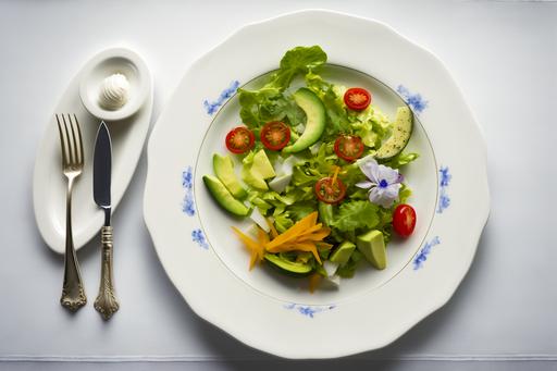 An angle looking straight from a 90-degree top,A lot of fresh salad on a white plate, Salad contains avocado, paprika, cucumber and others, light blue tablecloth, bright atmosphere, bright kitchen background, Ultra realistic, photographed with a DSLR ,--v 5 --q 2 --ar 3:2