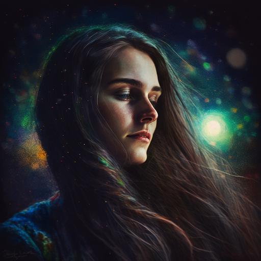 An angrogynous person with long brown hair and green eyes with mascara and eye makeup looking at the moon during night time, starry night, stars, athmospheric, dust in the air, fireflies all around, rainbow colors, looking in the distant, narrow depth of field, photorealist, low angle and wide shot with a profesionnal camera --v 4