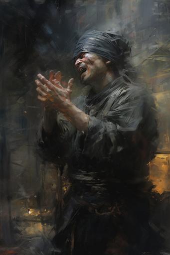 An angry ninja with fist raised looking at the sky and growling, Oil paint, glaze, impasto, Mark Legue, Jeremy Mann, Anders Zorn, Donato Giancola --ar 2:3 --uplight --v 5