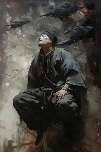 An angry ninja with fist raised looking at the sky and growling, Oil paint, glaze, impasto, Mark Legue, Jeremy Mann, Anders Zorn, Donato Giancola --ar 2:3 --uplight --v 5