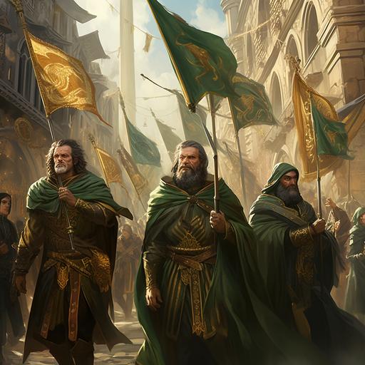 An angry uprising in a late medieval italian city, green and gold banners, religious icons of three gods.