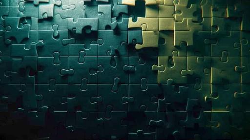 An animated sequence of a puzzle being solved, with pieces in dark blue #474F96, dark green #50A6AB, and light yellow #FFDF57, representing cyber insurance terms. The complete puzzle forms a clear policy. Gradient background transitions from dark to light using brand colors, symbolizing enlightenment. Created Using: stop motion animation style, puzzle piece textures, gradual lighting increase, brand color gradients, conceptual art, clarity focus, dynamic composition, hd quality, natural look --ar 16:9 --v 6.0