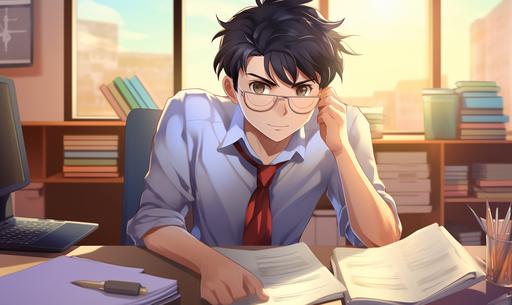 An anime-styled man, with sharp features and expressive eyes, sits at a minimalist wooden desk, meticulously reviewing a ledger book. Strewn across the desk are receipts, a calculator, and a small piggy bank, symbolizing his savings. In the background, a soft gradient of cool colors, evoking a calm yet serious atmosphere. The man's face displays a mix of concern and determination, showing the weight of responsibility on his shoulders. His attire consists of a simple white shirt with rolled-up sleeves and black pants, emphasizing the domestic and personal nature of the task. The entire scene is rendered in vector art, with bold outlines and flat colors, capturing the essence of cartoon-styled anime. The emphasis is on the emotions and the importance of budgeting in everyday life --ar 5:3