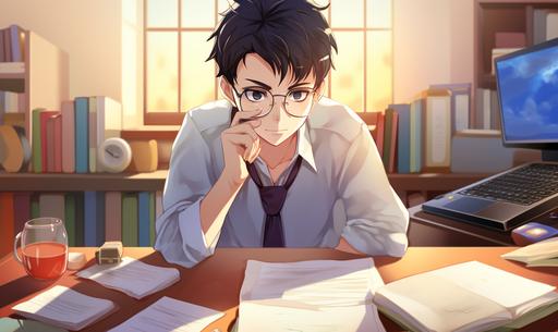 An anime-styled man, with sharp features and expressive eyes, sits at a minimalist wooden desk, meticulously reviewing a ledger book. Strewn across the desk are receipts, a calculator, and a small piggy bank, symbolizing his savings. In the background, a soft gradient of cool colors, evoking a calm yet serious atmosphere. The man's face displays a mix of concern and determination, showing the weight of responsibility on his shoulders. His attire consists of a simple white shirt with rolled-up sleeves and black pants, emphasizing the domestic and personal nature of the task. The entire scene is rendered in vector art, with bold outlines and flat colors, capturing the essence of cartoon-styled anime. The emphasis is on the emotions and the importance of budgeting in everyday life --ar 5:3