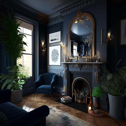 An architectural interior visualisation of a victorian sitting room, hyper-realistic, ultra-high detailed. The interior is in Victorian in style with modern features, constructed out of a timber floor and dark painted walls, main colours are deep blue, architecture is a British Victorian house, living room, and traditional fireplace, large house plants and eclectic wall art, mirror above the fireplace, no people, square-on view --v 4 --s 50