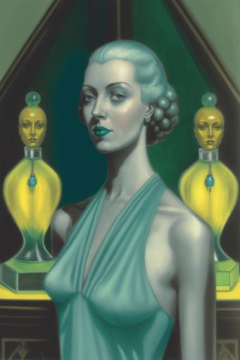 An art deco 1925 woman wearing an emerald necklace in front of yellow and green Swarovski crystal perfume bottles and with sky-blue opaline vases in front of a mirror in green-grey-pink tones12K --v 4 --ar 2:3