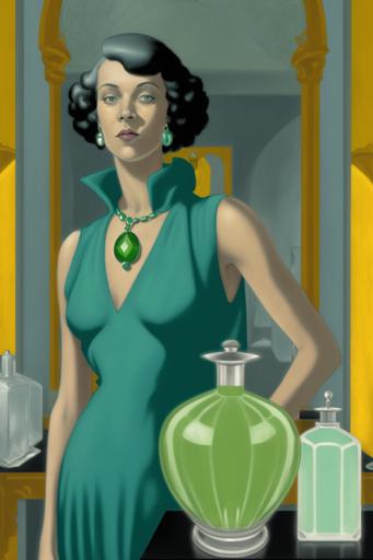 An art deco 1925 woman wearing an emerald necklace in front of yellow and green Swarovski crystal perfume bottles and with sky-blue opaline vases in front of a mirror in green-grey-pink tones12K --v 4 --ar 2:3
