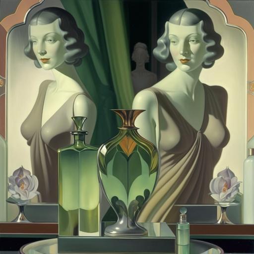 An art deco 1925 woman with yellow and green crystal perfume bottles and opaline vases in front of a mirror in green-grey-pink tones