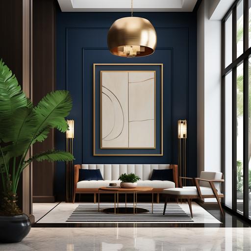 An art deco modern style foyer with a large empty frame on the wall and the room color scheme is navy blue, rust and cream with hints of gold.