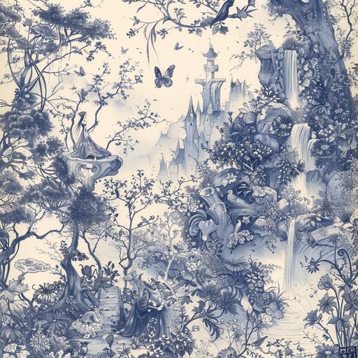 An art of garden of fairies and flowers, draw by style of Dior Toile De Jouy ar 16:9