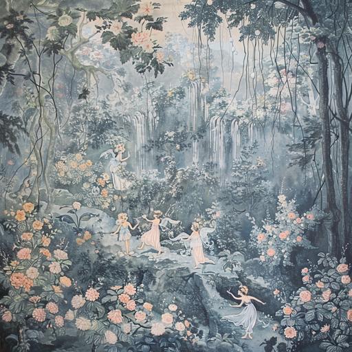 An art of garden of fairies and flowers, draw by style of Dior Toile De Jouy