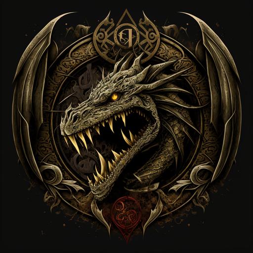 An artistic representation of the House of the Komodo dragon's logo, created using vector art, with a demonic theme, portraying the dragon as a ruthless and fearsome creature. The medium used should be digital art, with a style that is a blend of horror and fantasy art, featuring the dragon's demonic expression and texture. The image should be captured using a Nikon D850 camera with a 24-70mm f/2.8 lens, emphasizing the logo's demonic details and texture. The primary colors should be black and dark red, adding to the sinister theme. The background should be pure black, accentuating the logo's dark and eerie feel.