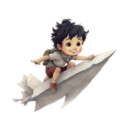 An asian child toddler aged wearing a light grey t-shirt with short black hair riding on top off a detailed paper airplane, whimsical, illustration, storybook, cartoon