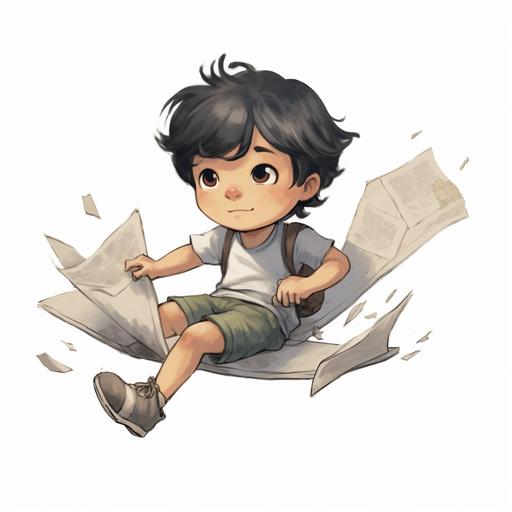 An asian child toddler aged wearing a light grey t-shirt with short black hair riding on top off a paper airplane, whimsical, illustration, storybook, cartoon