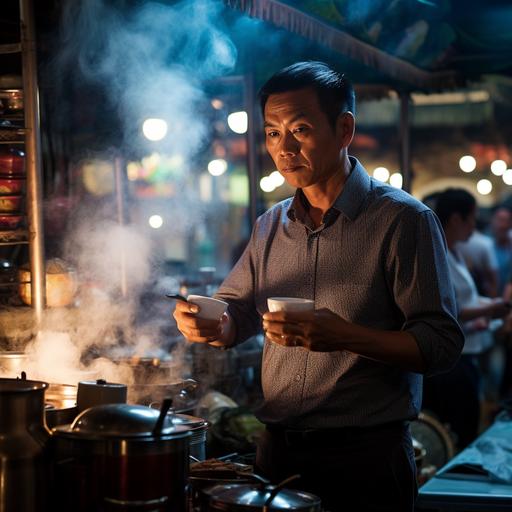 An asian man having a coffee at an asian night market. the steam from his cup is visible as he is about to have a sip.