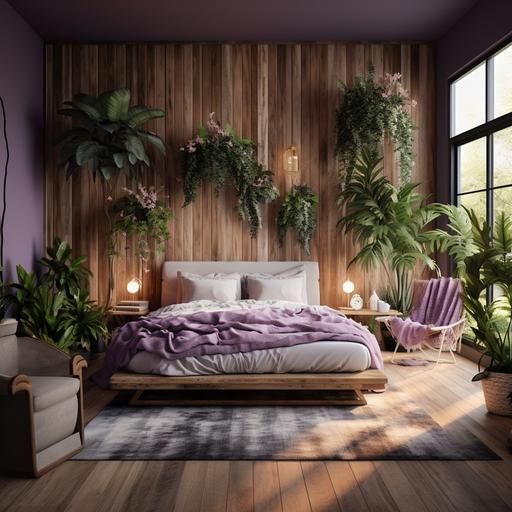 An aspirational, premium bedroom with purple walls and wood paneling incorporated and lots of natural plants::