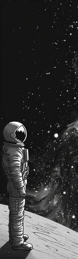 An astronaut stands in the lower left corner of space, which is mostly pitch black ,comic style --ar 3:10