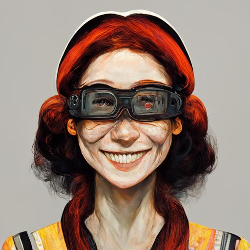An attractive 34 year old woman with dark red hair and a friendly smile, wearing black circular welding goggles, rubber gloves and a rubber apron. Digital art, character portrait.