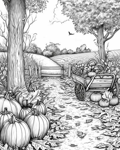 An autumnal scene in a farmer's garden, with a path covered in fallen leaves, pumpkins scattered around, and a rustic wheelbarrow filled with harvested goods. Perfect for an adult coloring page, thick lines, black and white, greyscale --ar 4:5 --v 6.0