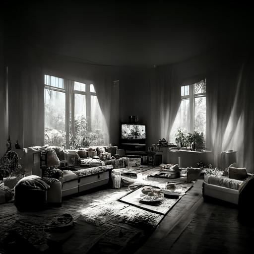 An average Joe interior of middle class family with dust particles floating through the room, old weared furniture, tables and wardrobes pizza boxes on table. Dim Light coming through windows. Old crystal black and white tv showing appollo launch. Hyperrealistic 8k