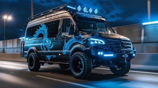 An black offroad, militarystyle Mercedes sprinter van with very large wheels and a big bull bar in front with an airbrushed blue dragon on both sides. It has black features such as lights and mirrors on its side doors. There's a rooftop rack for carrying gear above it. This vehicle seems to be designed not just for city driving but also for adventure on trails or in wilderness areas. The truck is driving at night, on a highway with no other cars --ar 16:9