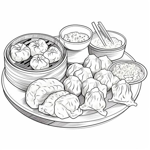 An easy-to-color, coloring page of Dim Sum including spring rolls, sui mai, clams, pork bun, potsticker, dan tat, har gow, chicken feet, clipart, line art, vector, black outline, no details, plain white background, thick line, no shading