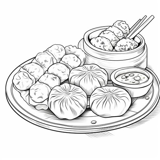 An easy-to-color, coloring page of Dim Sum including spring rolls, sui mai, clams, pork bun, potsticker, dan tat, har gow, chicken feet, clipart, line art, vector, black outline, no details, plain white background, thick line, no shading