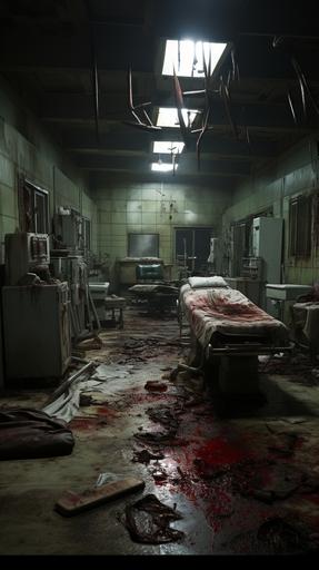 An eerie, abandoned operating room, surgical tools left scattered, bloodstains, dust-covered, a sense of recent desertion, wide shot, hyper-realistic, cinematography style --ar 9:16