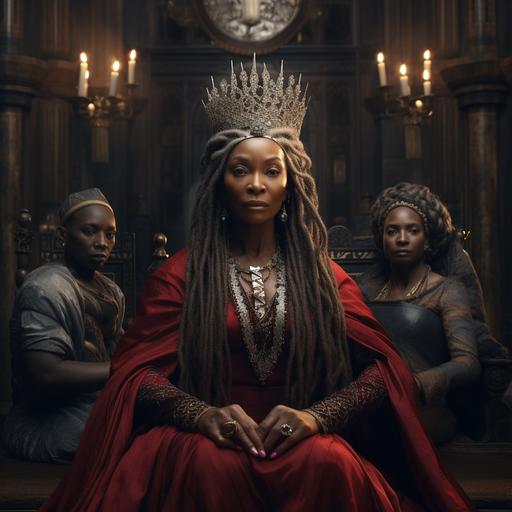 An elderly Black woman with long gray braids, dressed in burgundy and black dress Songhai Empire inspired, wearing an ornate diamond and ruby crown, sitting at court surrounded by Black noblewomen, detailed, hyperrealistic, queen, royalty